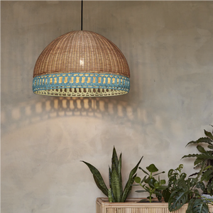 Blue Knotted Border Wicker Pendant <b>Light</b> Cover Natural Rattan Lampshade Semi-<b>Circle</b> Ceiling Hanging Chandelier - Product Image 3