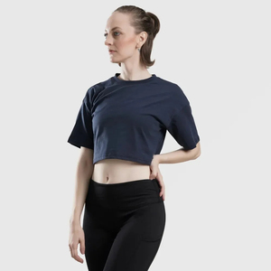 Camiseta Corta Azul Marino para Mujer, Cuello Redondo, Manga Corta, Color Sólido, Informal, Tejida, Corte Regular, Primavera Verano - Product Image 3
