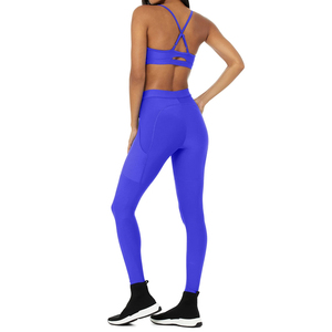 Conjunto de yoga de 2 piezas para mujer, cintura alta, estampado, cuello alto, manga media, largo completo, sin costuras, elastano/nailon, cintura elástica frontal - Product Image 6