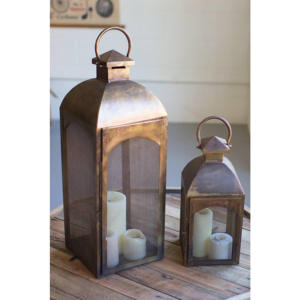 Rectangular Brass Lanterns with <b>Mesh</b> Panels and Candle Holders for Home Decoration - Product Image 1