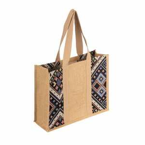 Eco-World Jute Tote <b>Bag</b> PP Webbing Shoulder Handle Zipper Closure Geometric Pattern Fashion <b>Medium</b> <b>Size</b> Daily Outdoor West - Product Image 1