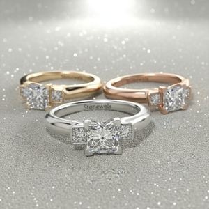 Anillo de compromiso de tres piedras con diamante de laboratorio talla princesa Stonewels, diamantes laterales con engaste milgrain y navette, estilo vintage. - Product Image 4