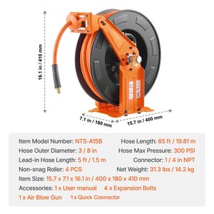 Avvolgitubo Ibrido a Doppio Braccio 3/8 X 65FT Max 300PSI, Avvolgitubo Retrattile per Compressore d'Aria, Accessori e Ricambi per Utensili Pneumatici - Product Image 6