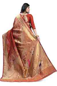 Orange Silk Saree With <b>Gold</b> Zari Border And Floral Motifs For Wedding And Festival Wear Women Traditional Indian Ethnic - Product Image 4