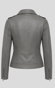 Premium Quality Women's Gray <b>Leather</b> Moto <b>Jacket</b> Full Sleeve Zipper Closure Stand Collar Autumn Style - Product Image 2