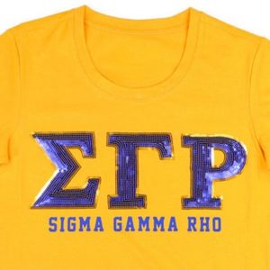T-shirt à sequins SGR jaune avec patch, manches courtes, motif graphique personnalisé lettres grecques Sigma Gamma Rho Sorority, style décontracté et tendance - Product Image 4