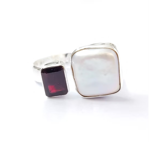 925 Sterling <b>Silver</b> Two Gemstone <b>Garnet</b> Pearl <b>Ring</b> for Unisex -Handmade Luxury Jewelry Wholesale India - Product Image 1