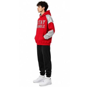 Sudadera con Capucha Roja para Hombre Stay Humble, Manga Raglán, Forro Polar, Estilo Casual para Otoño, Diseño con Bolsillo Frontal, Corte Regular - Product Image 4