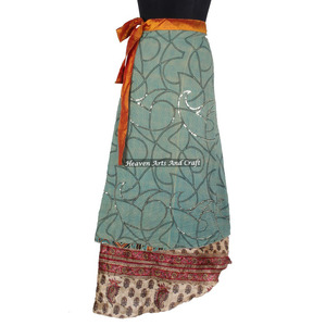 Jaipur Indian Women's Wear Art Silk Rapron <b>Skirt</b> New Design Two Layered Reversible Silk Sari Magic Long <b>Wrap</b> <b>Skirts</b> - Product Image 4