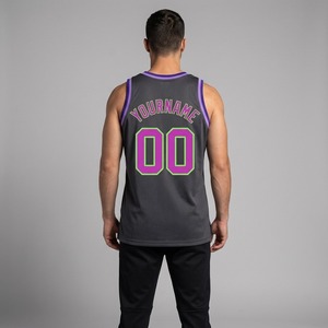 Maillot de basket gris et violet pour homme, col rond, sans manches, en mesh, sublimé, nom de l'équipe 00, anti-transpiration, antibactérien, 100% - Product Image 4