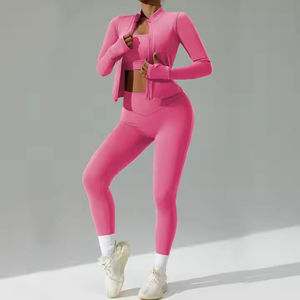 Customized Gym Fitness Suits Gym <b>Jacket</b> Yoga Leggings <b>Workout</b> Active Wear Women Gym Fitness Set 3piece Set - Product Image 3