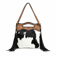 Sac à main en cuir de vachette premium avec franges, sac fourre-tout en cuir style western noir et blanc avec fourrure, sac à bandoulière |   Bordure en cuir tanné faite à la main, élégante pour femmes