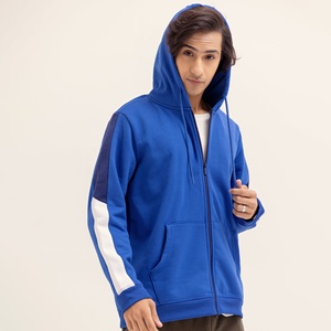 Custom OEM <b>Mens</b> Zip Up Hoodie Blue Colorblock Contrast Sleeve Full Zip Drawstring Hood <b>Pullover</b> Style <b>Mens</b> <b>Mens</b> Zip Up Hoodie - Product Image 2
