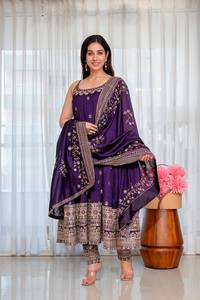 Traje Anarkali Azul Oscuro Bordado, Ropa India y Pakistaní, Conjunto Salwar Kameez con Dupatta para Fiesta o Boda - Product Image 5
