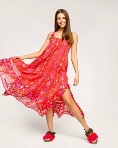 New Bohemian Red Cotton Geometric Print Casual Knee-Length Dress with Natural Waist Embroidery <b>Sequins</b> & Tassels - Product Image 1
