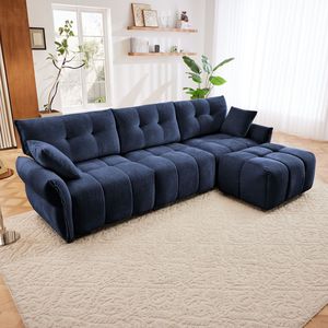 Set Divano a Tre Posti in Legno Massello con Pouf e Cuscini in Ciniglia Testurizzata ad Alta Resilienza per Soggiorno - Product Image 1