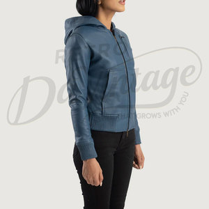 Chaqueta Bomber Azul de Cuero Genuino para Mujer con Capucha, Acolchada, Ajustada, de Piel de Oveja Premium, Abrigo Casual de Invierno a la Moda - Product Image 5