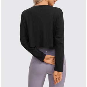 Women's Black <b>Crop</b> <b>Top</b> Long Sleeve O-Neck Solid Color Knitted Breathable Casual T-Shirt - Product Image 2