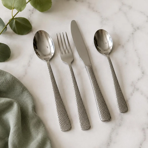 Ensemble de couverts en acier inoxydable poli miroir, couteau, fourchette et cuillère à texture maillée pour hôtel, restaurant, fête - Product Image 1