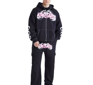 Men's Black Hooded <b>Tracksuit</b> Full Zip Cotton Streetwear With <b>Pink</b> Letter Print And Side Pockets Loose Fit Autumn Wear - Product Image 1