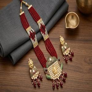 DIVYORO Women's ANTIQUED SILVER-TDIVYORO TRADITIONAL GANESHA MOTIF MULTI-STRAND BEAD <b>NECKLACE</b> SET FLORAL <b>LONG</b> ADJUSTABLE ORISSA - Product Image 1