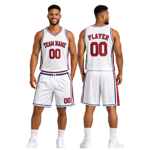 Ensemble d'uniformes de basket-ball personnalisés blancs et simples, style rétro, avec bordure rouge et bleue, maillot et short, design rétro avec nom et numéro d'équipe - Product Image 1