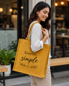 กระเป๋าผ้าปอกระเจา Keep Life Simple ขนาดกลาง กระเป๋าช้อปปิ้งแบบถือพร้อมลายตัวอักษร ใช้ได้ทุกวัน - Product Image 3