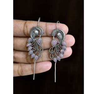 Boucles d'oreilles statement en argent oxydé en forme de paon, avec pierre violet clair, bijoux tribaux bohèmes faits à la main - Product Image 3