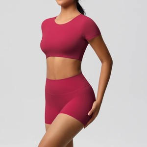Ensemble de yoga 2 pièces sans couture à manches longues, froncé, taille haute, col rond, couleur unie, longueur intégrale, en Spandex/Nylon extensible dans les quatre sens - Product Image 5