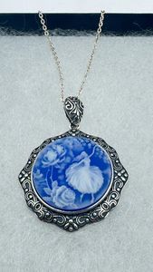 Collier ras du cou vintage en argent sterling 925 avec pendentif camée fleur ballerine bleue pour femme - Product Image 3