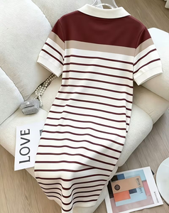 Women's Breathable Midi Striped Polo Collar Knit Dress Short Sleeve Casual Summer Button Bodycon Sweater - Product Image 5