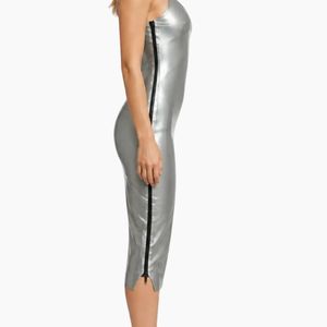 Silver PU Bodycon <b>Midi</b> <b>Dress</b> <b>Spaghetti</b> <b>Strap</b> Fitted Sexy Party Wear Solid Color Zippers Detail - Product Image 6