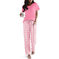 Ensemble pyjama à carreaux roses pour femmes, haut à manches courtes avec pantalon à cordon de serrage, coupe ample décontractée, vêtements de nuit en coton respirant, printemps été