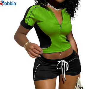 Ensemble 2 pièces tendance pour femme : veste courte sport décontractée et short, style patchwork, fermeture éclair, collection automne - Product Image 3