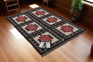 Tapis géométrique Kilim fait main, écologique, tufté à la main, rectangulaire, en laine et acrylique, pour salon, à poils moyens, en latex - Product Image 3