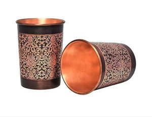 Copper Double Wall Tumbler Set of 2 with Handle and Straw Etching Pattern Unique <b>Ring</b> Design Eco-Friendly Gifting Option - Product Image 3