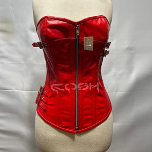 Corset rouge en cuir à baleines en acier, avec fermeture éclair avant et bretelles réglables - Product Image 2