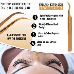 Pince à cils de haute précision en acier inoxydable avec pointes affûtées à 45 degrés, manche en fibre dorée, sous votre propre marque. - Product Image 5