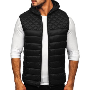 <b>Men's</b> <b>Black</b> Hooded Quilted <b>Vest</b> Windproof Casual Outerwear Polyester Wadding Zipper Closure Solid Color Regular Length - Product Image 6