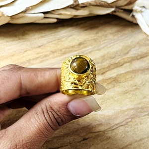 New Arrival Vintage Tiger Eye <b>Ring</b> Boho Brass Band Women 18k Gold Plated Filigree Wide Cigar <b>Statement</b> <b>Ring</b> for Wholesale/OEM - Product Image 5