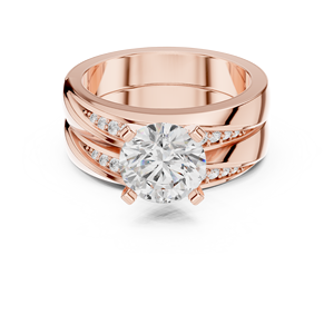 Anillo de compromiso de moissanita de corte redondo con doble banda en oro rosa de 14K, conjunto de anillos de joyería fina - Product Image 1