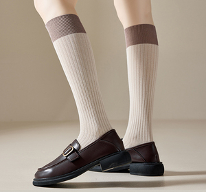 Contrast Cuff Knee High Socks Ribbed Cotton Long Stockings Soft Breathable Calf Length Hosiery Casual School Style Socks - Product Image 3