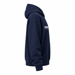 เสื้อฮู้ดดี้ผ้าฟลีซคอตตอนผสมโพลีเอสเตอร์สีน้ำเงินกรมท่าขนาดโอเวอร์ไซส์ 320 GSM แบบสั่งทำพิเศษ พร้อมโลโก้พิมพ์ลายบนหน้าอก - Product Image 3