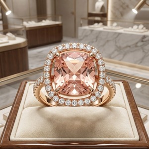 Natural Peach Morganite 14k Gold Christian Handmade Cushion Cut Wings Design Engagement Halo <b>Ring</b> Certified Women's Fashion Gift - Product Image 4