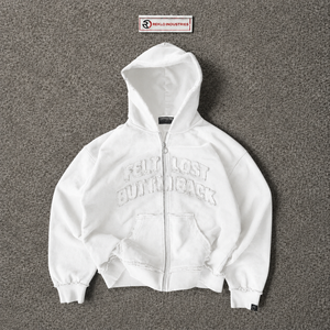 Sudadera con capucha blanca vintage desgastada con cremallera, gráfico bordado 'Feel Lost But Im Back', estilo oversize, lavada, streetwear, para otoño - Product Image 5