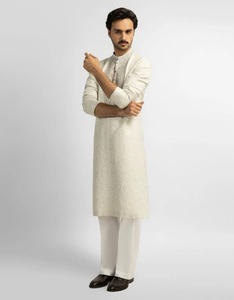 Salwar Kameez en coton pour homme, broderie géométrique, col montant, manches longues, longueur midi, style modeste, traditionnel indien, élégant - Product Image 2