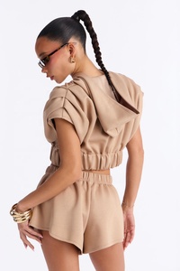 Women Hooded Crop <b>Top</b> With Puff Sleeves <b>Zipper</b> Front Solid Color Knitted Breathable Summer Casual Wear Short Length - Product Image 2