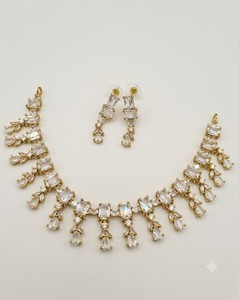 Antique Gold Plated Emerald & Oval <b>Cut</b> <b>Stone</b> Studded American Diamond Necklace Set With Coordinating Earring AD Jewelry Supplier - Product Image 1