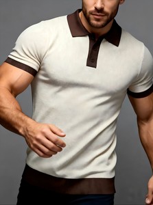 Chemise décontractée pour homme en viscose/coton tricoté blanc uni à manches courtes, respirante, séchage rapide, coupe classique avec col et poignets marron - Product Image 5