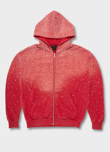 Sudadera con capucha para hombre con logotipo personalizado OEM, estilo vintage con pedrería, cremallera, mezcla de algodón transpirable, estilo streetwear, lavado ácido. - Product Image 5